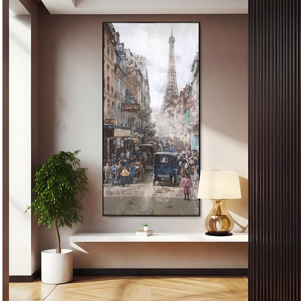Tablou canvas cu pictura stradala cu turnul eiffel, in rama de aluminiu negru